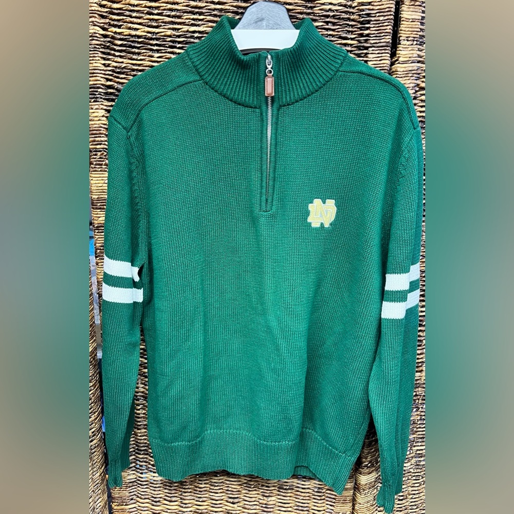 Gold, Notre‎ Dame,Green Half-Zip Sweater w/cream stripes, XLarge